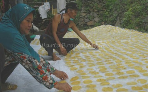 Sampuri tengah menjemur Opak Samiler besama istrinya di halaman rumahnya Desa Gunting Kecamatan Sukorejo. Di tengah gempuran makanan ringan moderen, Samiler tetap diminati. (Foto: Gesang A Subagyo/wartabromo.com)