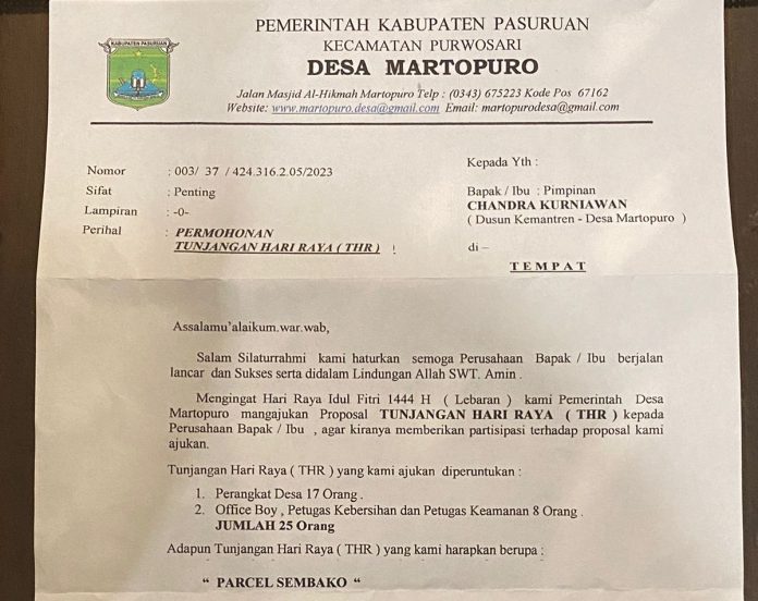 Kades di Purwosari Minta THR ke Perusahaan