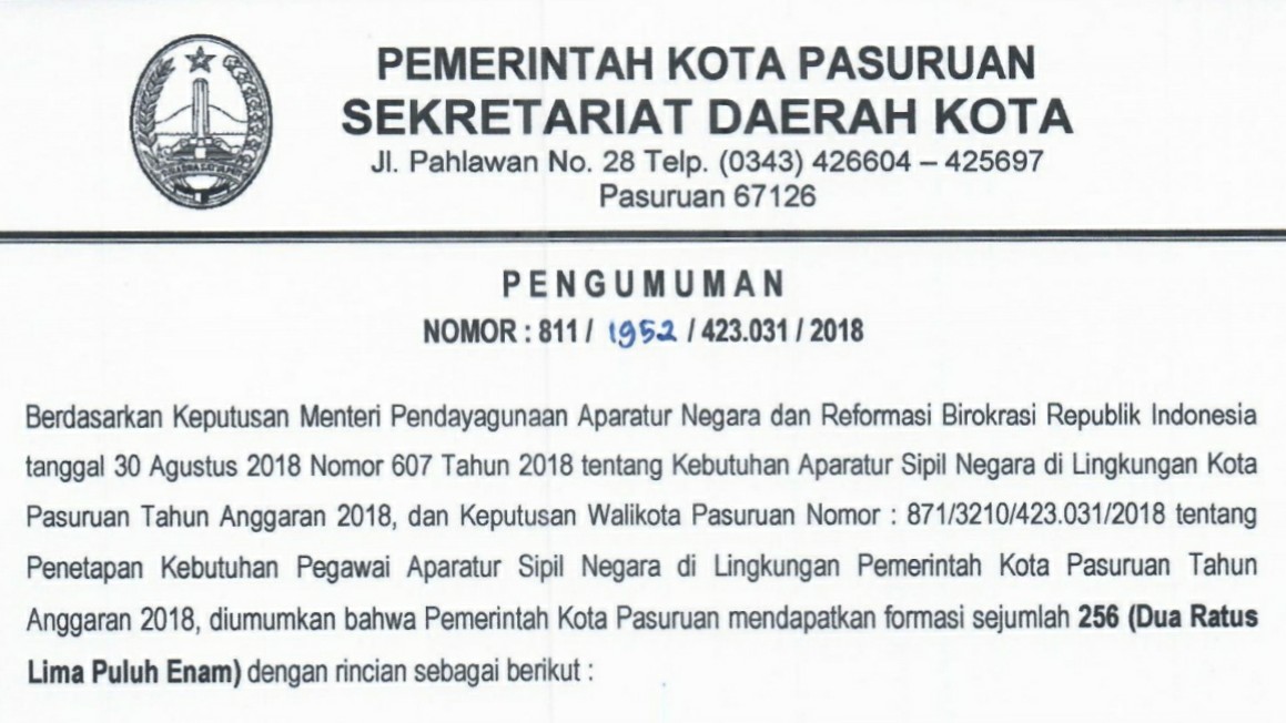 Penerimaan Cpns 2018 Ada 256 Formasi Di Kota Pasuruan Wartabromo